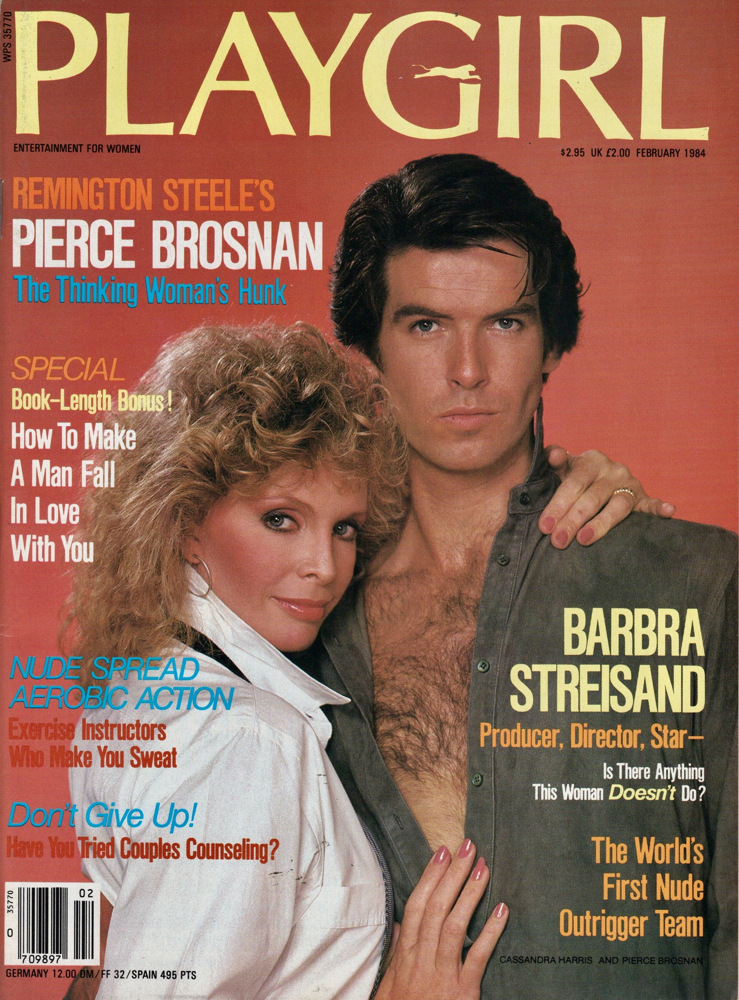 1984 Playgirl February / Centerfold Max Werner + Pierce Brosnan + Barbra Streisand